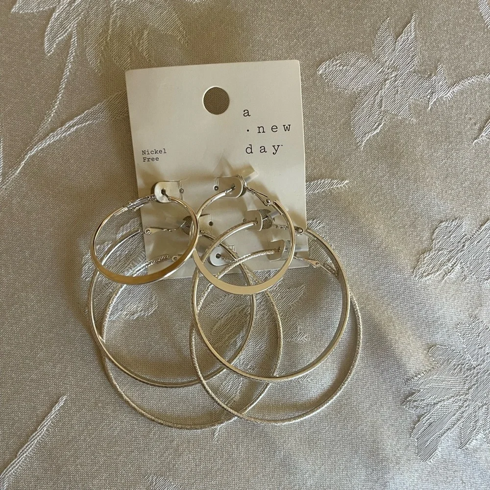 Brand New Set of 3 Nickel Free Silver Hoop Earrings